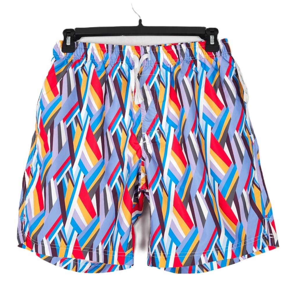 2XIST Mens Woven 8" Swim Trunks Sz Large Blue Geometric Print Brief Lined NWT